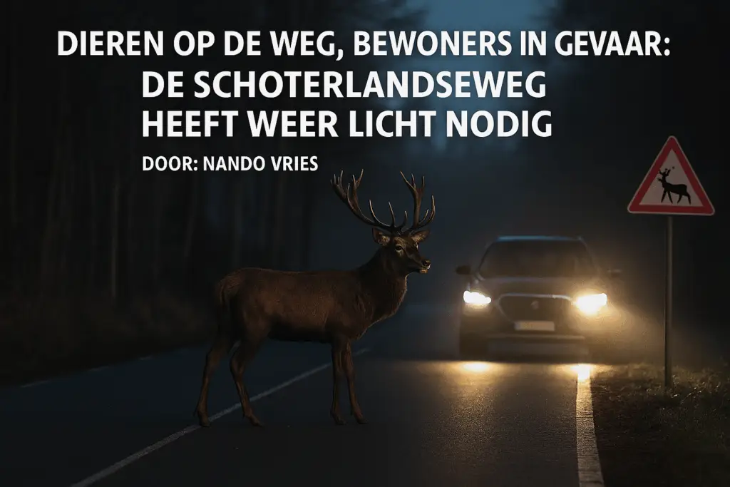 Donkere Schoterlandseweg bij Heerenveen met overstekend damhert en naderende auto met koplampen, symbool voor verkeersgevaar zonder straatverlichting.