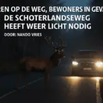Donkere Schoterlandseweg bij Heerenveen met overstekend damhert en naderende auto met koplampen, symbool voor verkeersgevaar zonder straatverlichting.