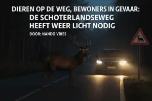Donkere Schoterlandseweg bij Heerenveen met overstekend damhert en naderende auto met koplampen, symbool voor verkeersgevaar zonder straatverlichting.